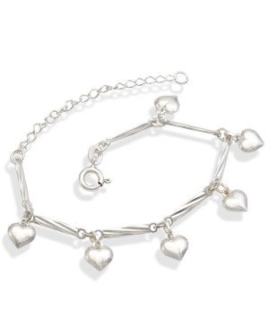 Pulseira AG c/ 7 Palitos Diamantados e 6 Coracoes  - G3 - 6mm x 180mm - 3.19gr