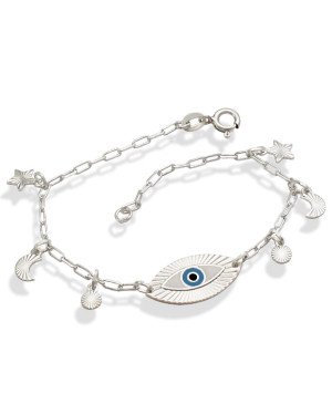 Pulseira AG c/ Olho Grego Diam.Lua Estrela E Redondo (Branco/Azul/Preto) - G3 - 10mm x 180mm - 3.18gr