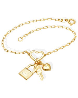 Pulseira Coracao c/ Cacho / Chave/Cadeado/Coracao - CE - 27mm x 180mm - 2.50gr