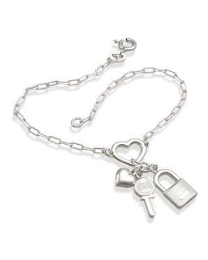 Pulseira AG Coracao c/ Cacho / Chave/Cadeado/Coracao - G3 - 27mm x 180mm - 3.02gr
