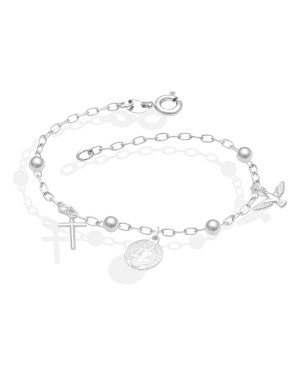 Pulseira AG 4 Bolas 4mm 1 Sao Bento  1 Cruz 1 Espirito Santo - G5 - 17mm x 180mm - 2.81gr