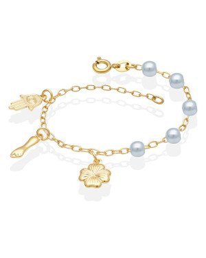 Pulseira c/ 5 Perolas p/ Mao Fatima/Figa/Trevo  - CE - 5mm x 200mm - 2.40gr