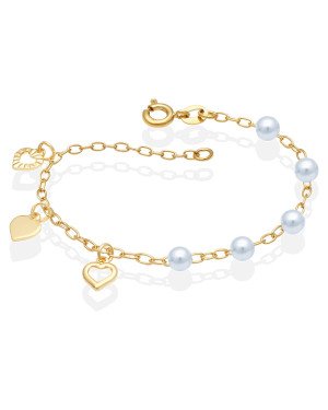 Pulseira c/ 5 Perolas p/ 3 Coracoes Vazado/Liso/Diamantado - CE - 5mm x 200mm - 2.04gr