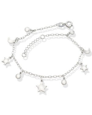 Pulseira AG c/ 3 Estrelas 2 Luas 4 Redondos Diamantados  - G3 - 8mm x 200mm - 2.48gr