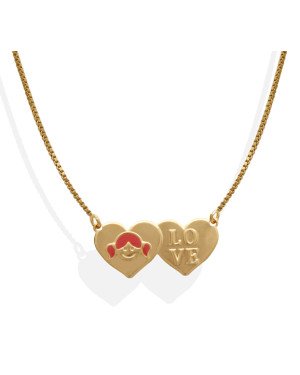 Gargantilha Veneziana 2 Coracoes c/ Menina e Love - CS - 12mm x 450mm - 3.50gr