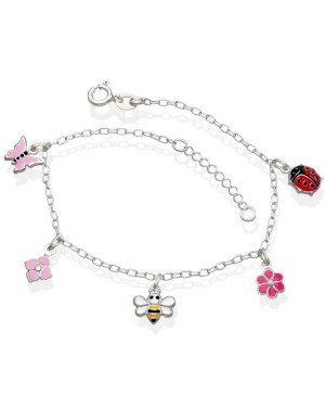 Pulseira AG c/ Joaninha/Abelha/Borboleta/2 Flores - G5 - 12mm x 200mm - 2.90gr