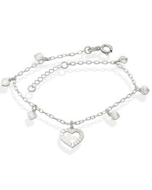 Pulseira AG c/ 1 Coracao Vaz 6 Mini Coracoes Diamantados - G3 - 13mm x 200mm - 2.09gr