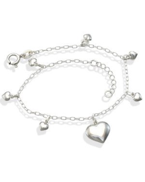 Pulseira AG c/ 1 Coracao Liso 6 Mini Coracoes Abaulados - G3 - 13mm x 200mm - 2.37gr