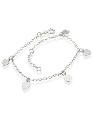 Pulseira AG c/ 2 Coracoes Lisos e 3 Flores Retas - G3 - 10mm x 200mm - 1.96gr