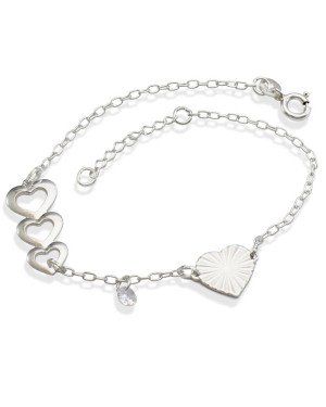Pulseira AG p/ 3 Coracoes Vaz c/ Coracao Diamantado 1 Zirconia - G3 - 10mm x 200mm - 2.57gr