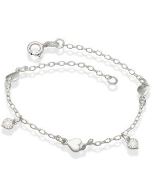 Pulseira AG p/ 3 Coracoes Lisos Macicos c/ 2 Mini Diamantado  - G3 - 6mm x 180mm - 1.71gr