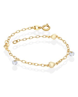Pulseira p/ 3 Coracoes Diamantados Macicos c/ 2 Zirconias - CS - 6mm x 180mm - 1.73gr