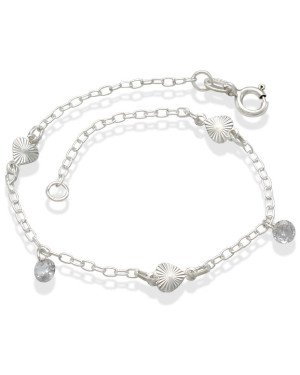 Pulseira AG p/ 3 Coracoes Diamantados Macicos 2 Zirconias - G3 - 6mm x 180mm - 1.75gr
