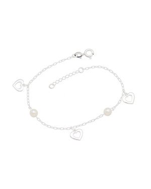 Pulseira AG p/ 3 Coracoes Vaz Borda Estampada c/ 2 Perolas 5mm - G3 - 11mm x 200mm - 2.12gr