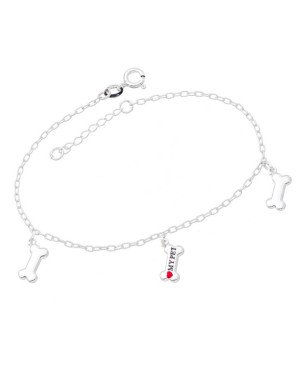 Pulseira AG 3 Ossinhos "My Pet" c/ Coracao (Preto e Vermelho) - G5 - 11mm x 140mm - 2.07gr