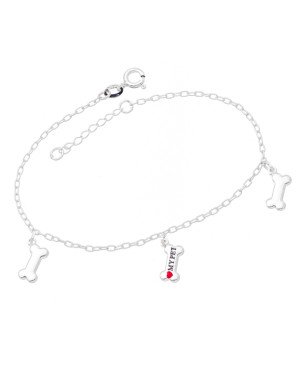 Pulseira AG 3 Ossinhos "My Pet" c/ Coracao (Preto e Vermelho) - G5 - 11mm x 200mm - 2.38gr