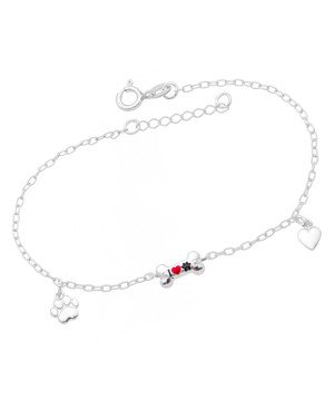 Pulseira AG p/ Ossinho "I Coracao Pata" c/ Patinha/Coracao (Preto e Vermelho)  - G5 - 10mm x 200mm - 1.82gr